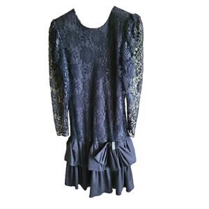 Vintage Black Lace Overlay Dress with Ruffles and Bow. Size 9/10